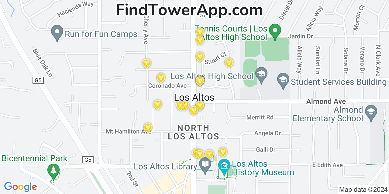 AT&T 4G/5G cell tower coverage map Los Altos, California