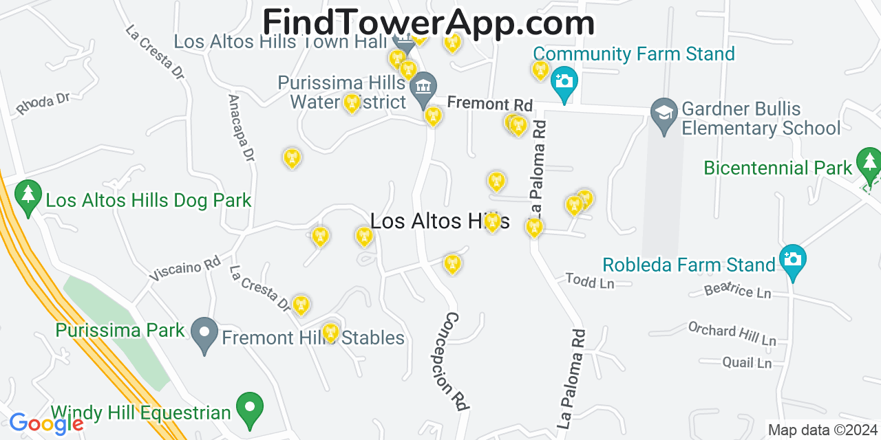 AT&T 4G/5G cell tower coverage map Los Altos Hills, California