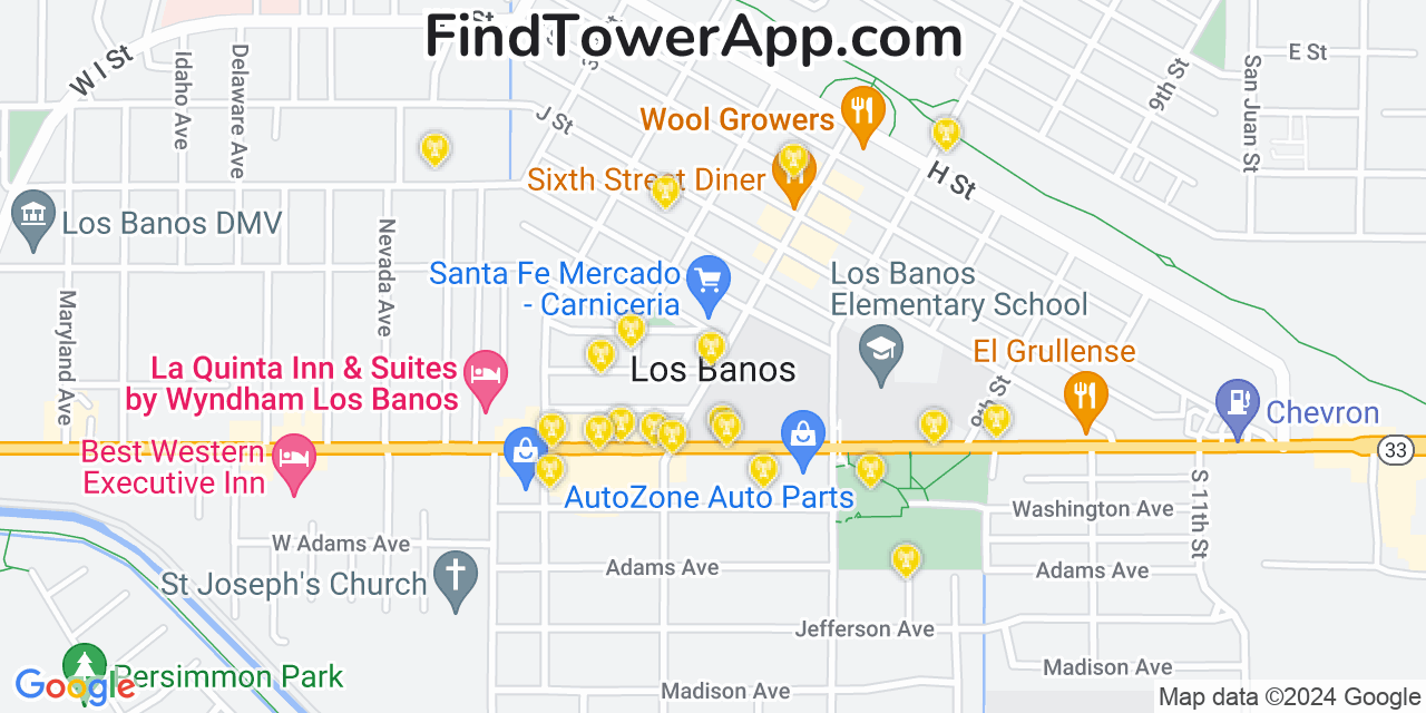 AT&T 4G/5G cell tower coverage map Los Banos, California