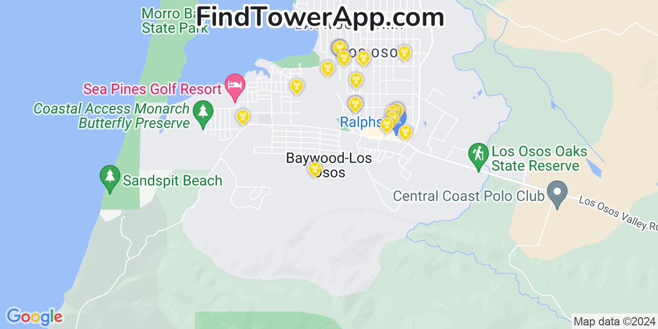 AT&T 4G/5G cell tower coverage map Los Osos, California
