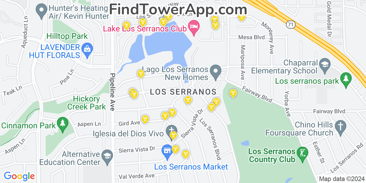 AT&T 4G/5G cell tower coverage map Los Serranos, California