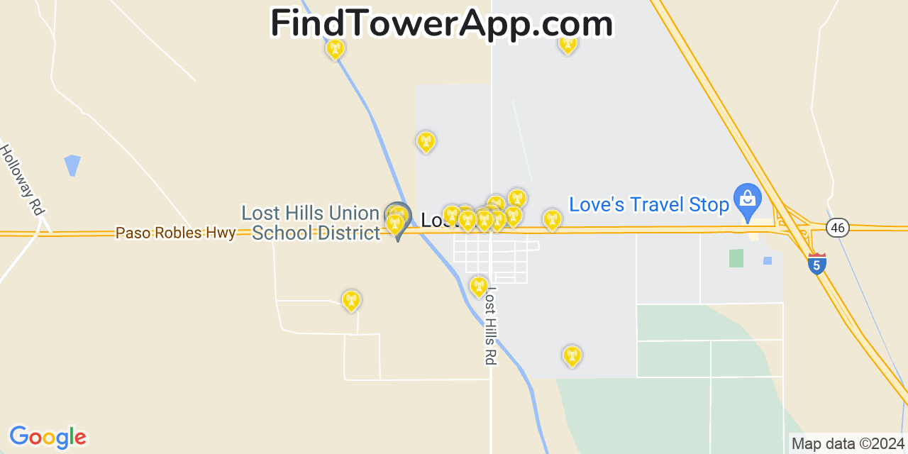 AT&T 4G/5G cell tower coverage map Lost Hills, California