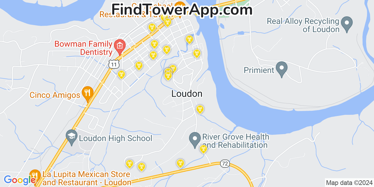 AT&T 4G/5G cell tower coverage map Loudon, Tennessee
