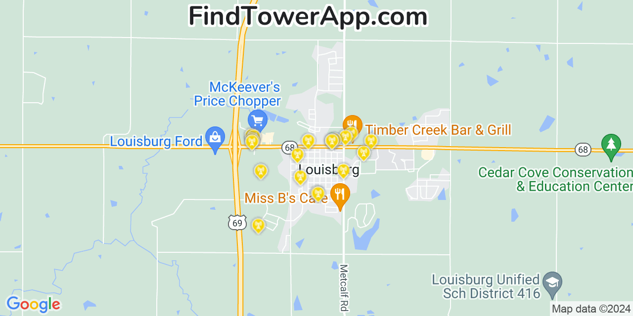 AT&T 4G/5G cell tower coverage map Louisburg, Kansas