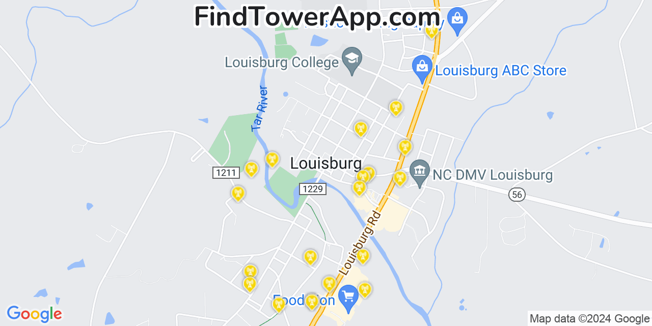 AT&T 4G/5G cell tower coverage map Louisburg, North Carolina