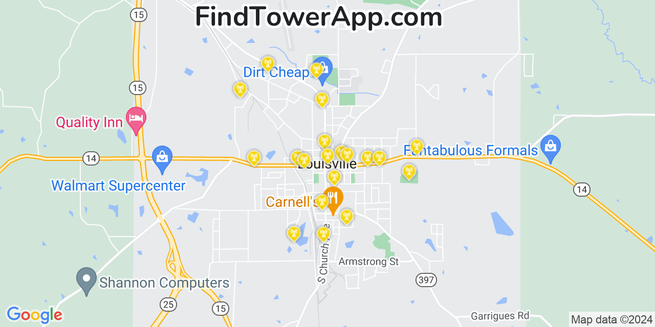 AT&T 4G/5G cell tower coverage map Louisville, Mississippi