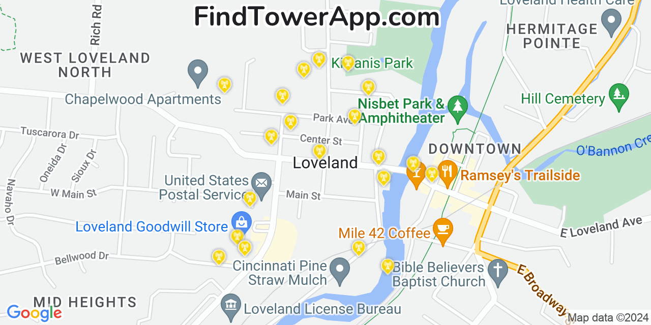 AT&T 4G/5G cell tower coverage map Loveland, Ohio