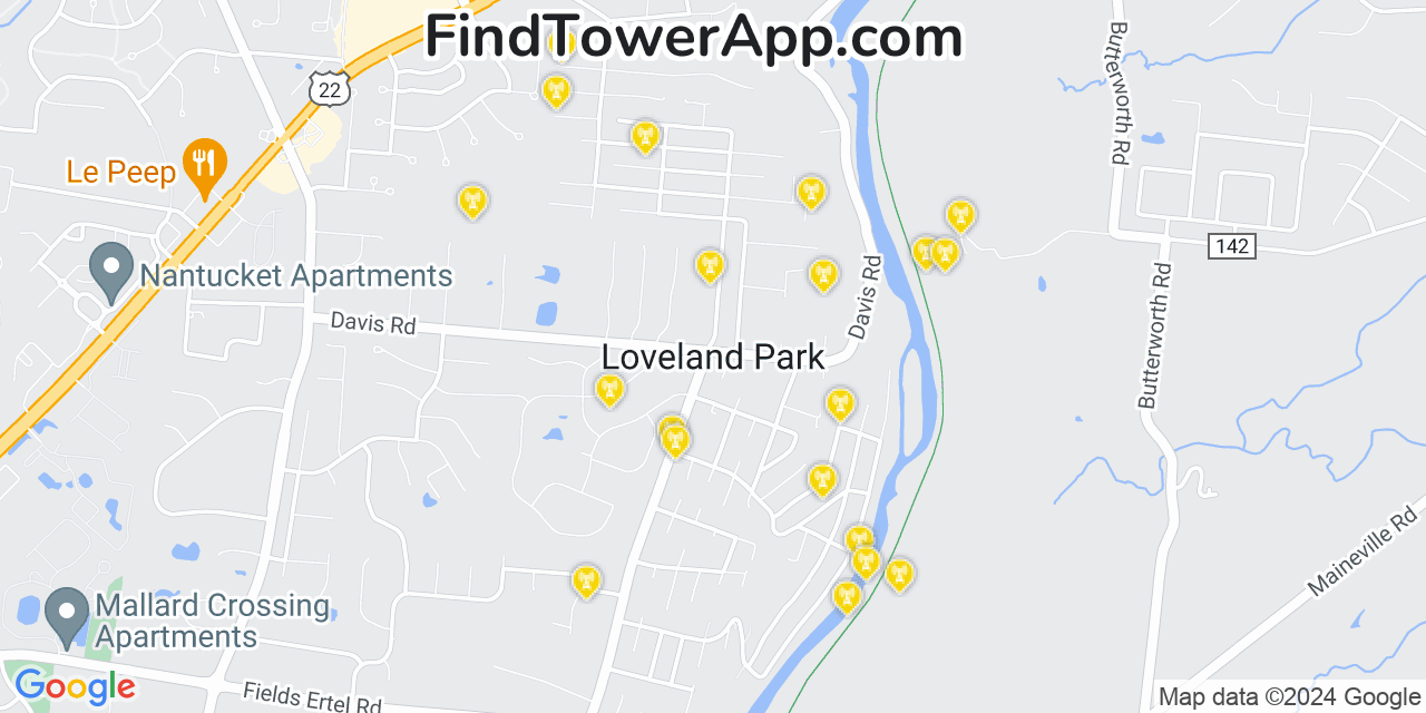 AT&T 4G/5G cell tower coverage map Loveland Park, Ohio