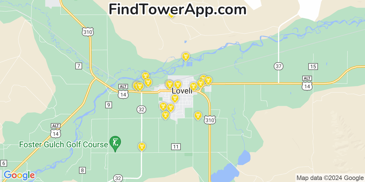 AT&T 4G/5G cell tower coverage map Lovell, Wyoming
