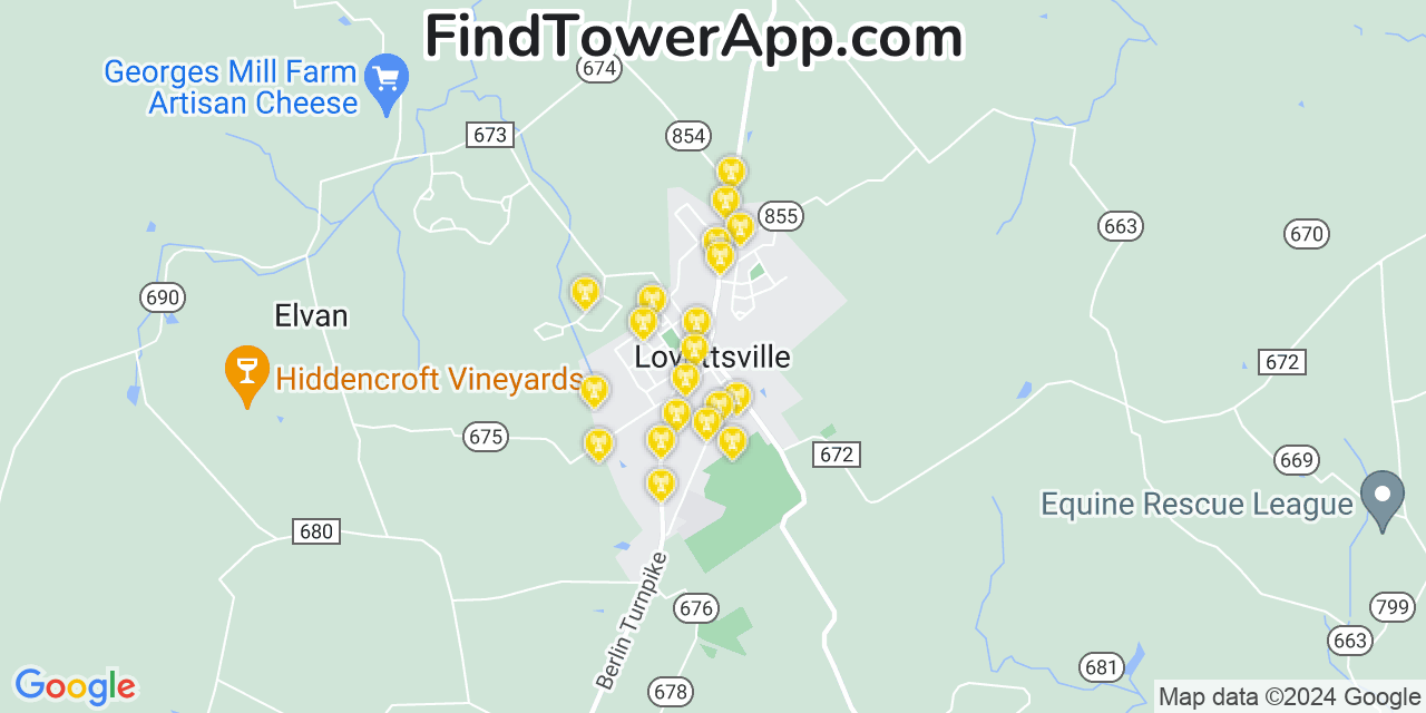 AT&T 4G/5G cell tower coverage map Lovettsville, Virginia