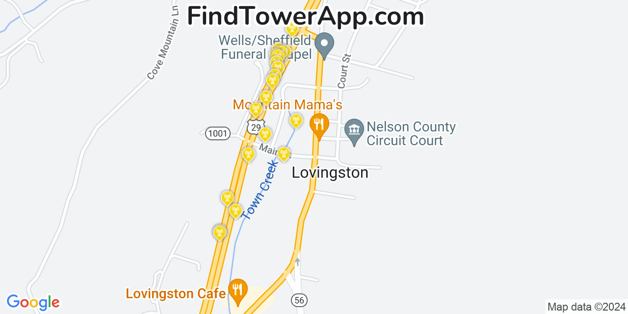 AT&T 4G/5G cell tower coverage map Lovingston, Virginia