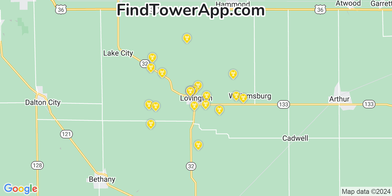 AT&T 4G/5G cell tower coverage map Lovington, Illinois