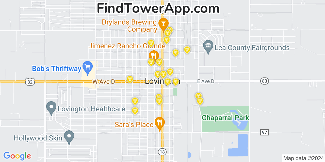 AT&T 4G/5G cell tower coverage map Lovington, New Mexico