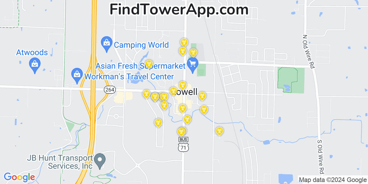 AT&T 4G/5G cell tower coverage map Lowell, Arkansas
