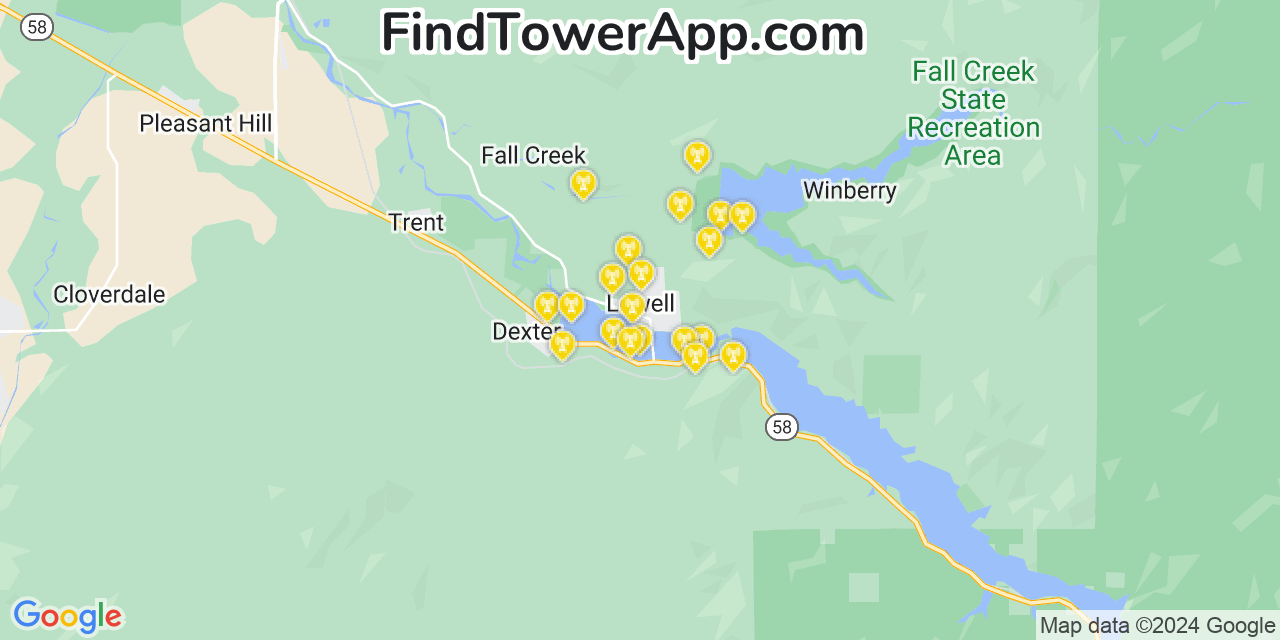 AT&T 4G/5G cell tower coverage map Lowell, Oregon