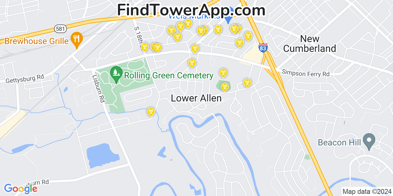 AT&T 4G/5G cell tower coverage map Lower Allen, Pennsylvania