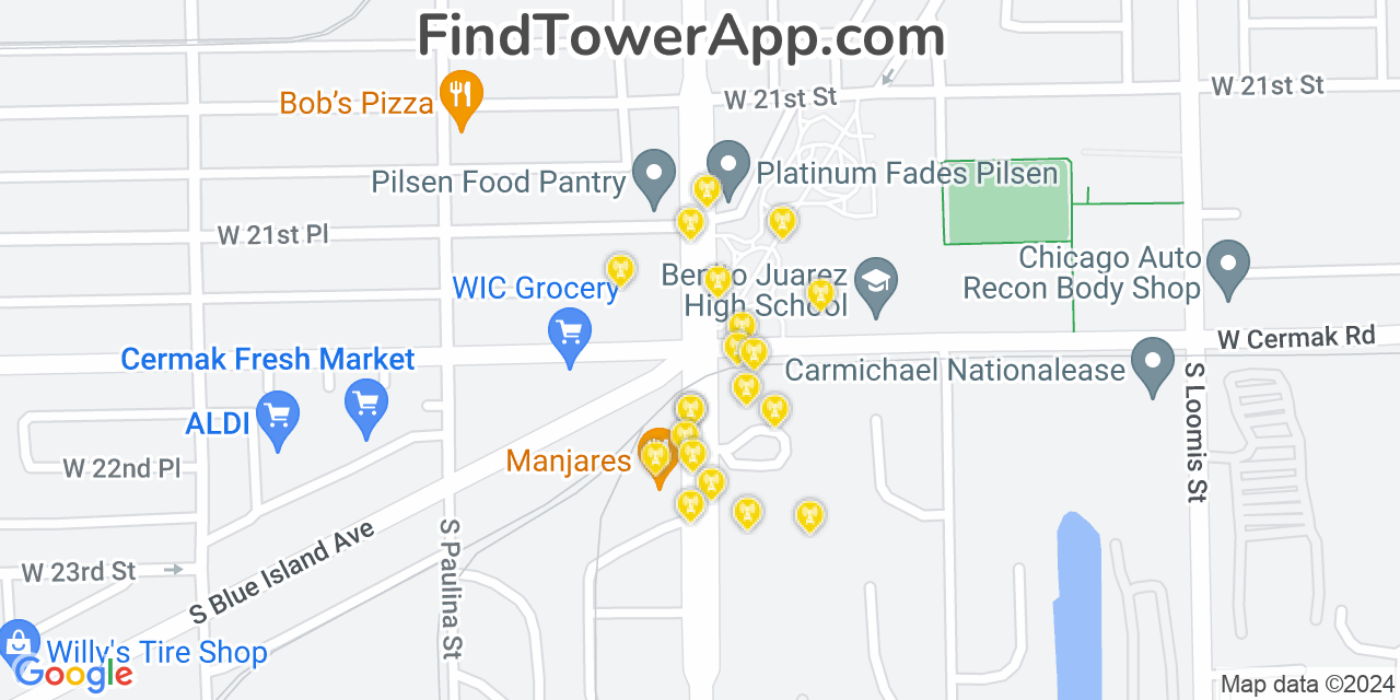 AT&T 4G/5G cell tower coverage map Lower West Side, Illinois