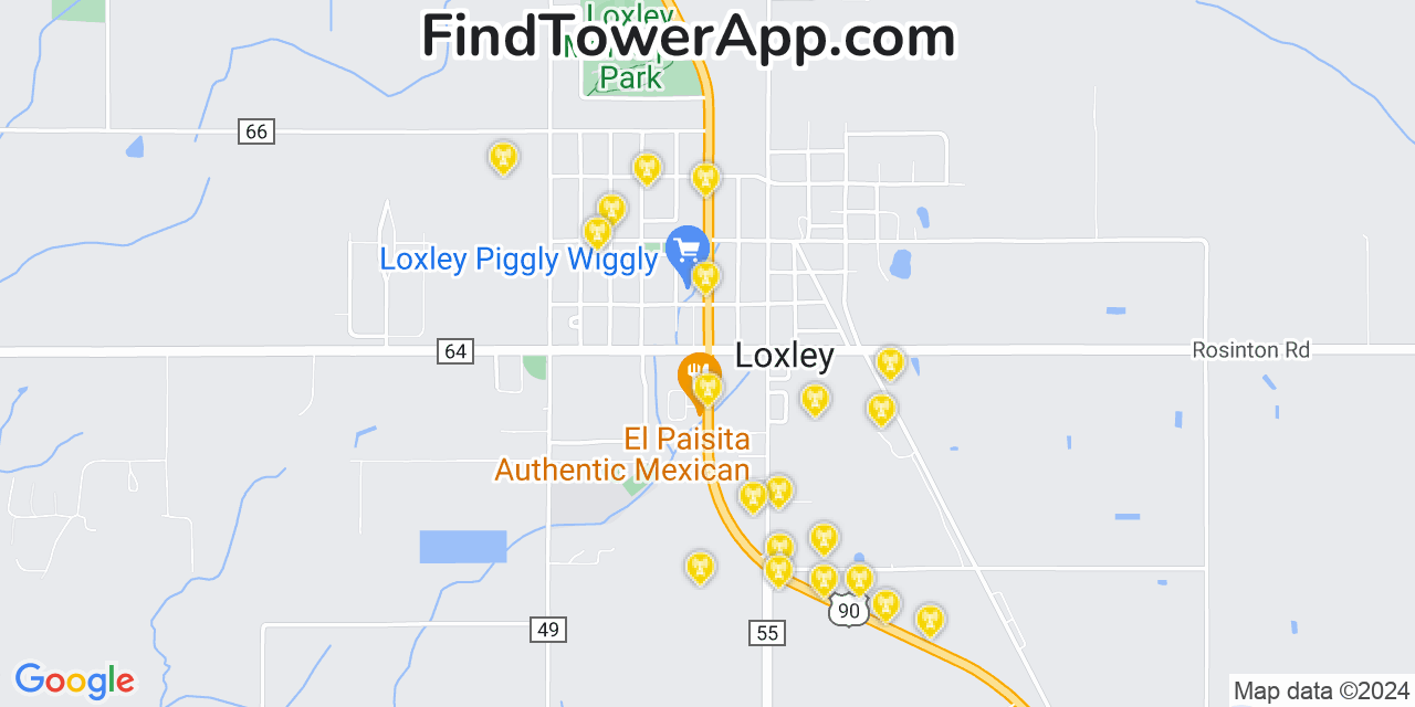 AT&T 4G/5G cell tower coverage map Loxley, Alabama