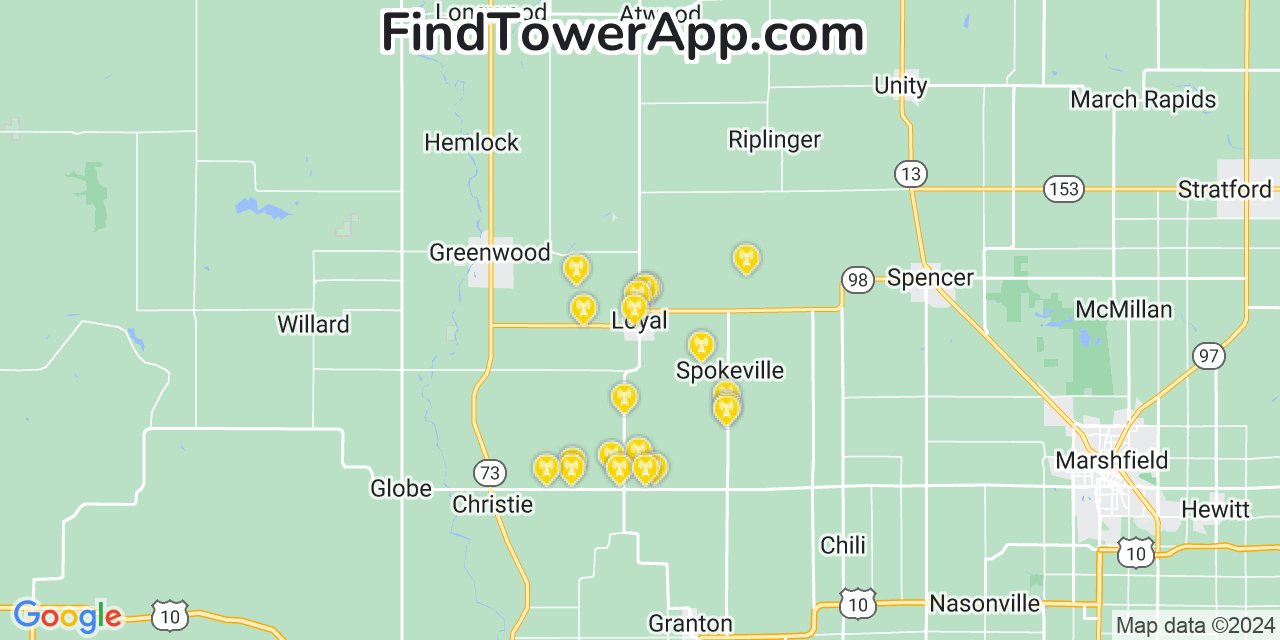 AT&T 4G/5G cell tower coverage map Loyal, Wisconsin