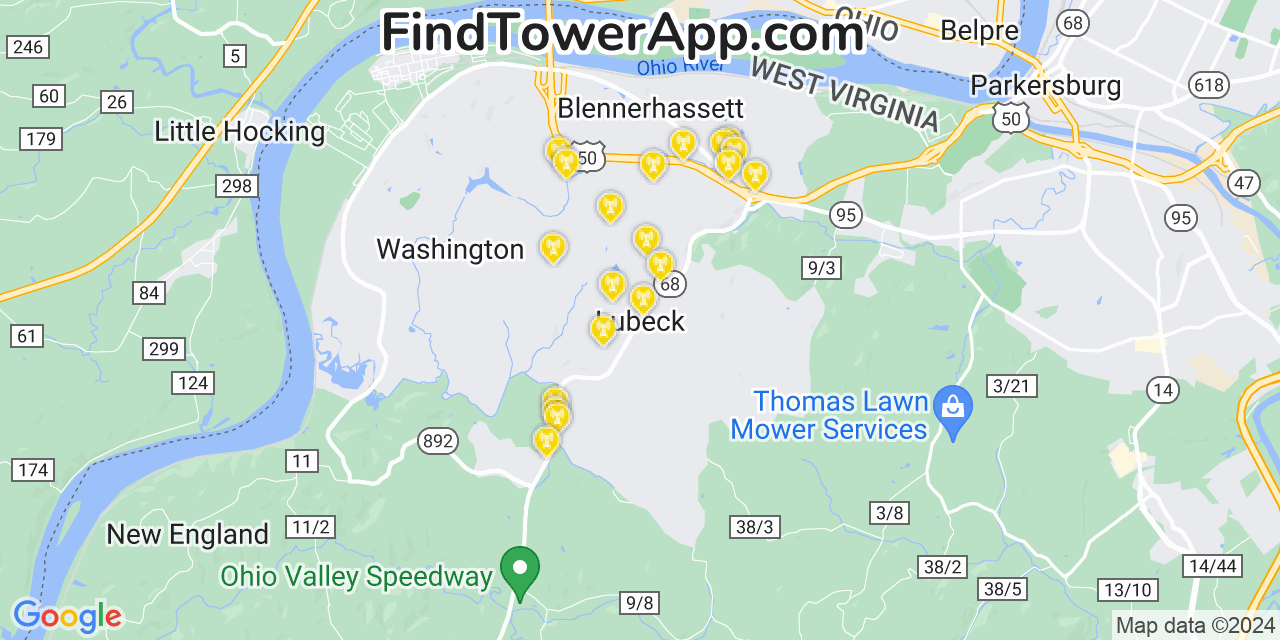 AT&T 4G/5G cell tower coverage map Lubeck, West Virginia