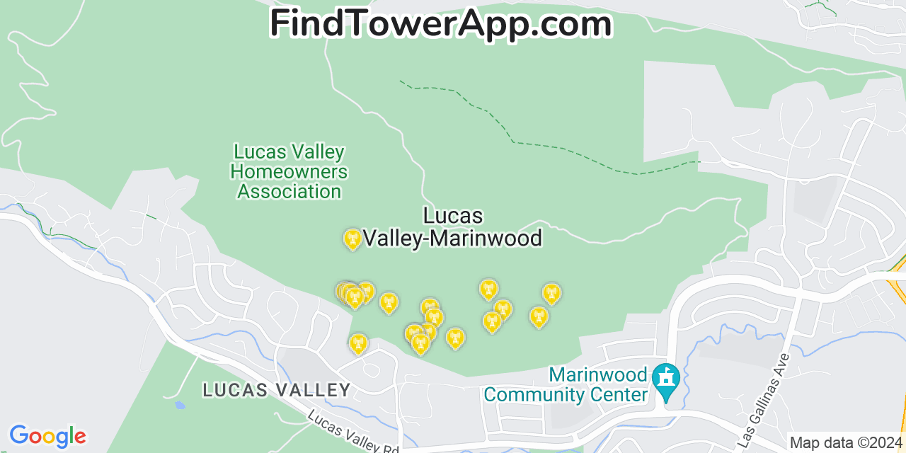 AT&T 4G/5G cell tower coverage map Lucas Valley Marinwood, California