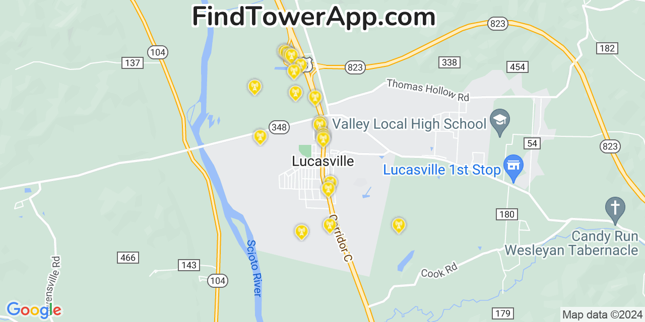 Verizon 4G/5G cell tower coverage map Lucasville, Ohio