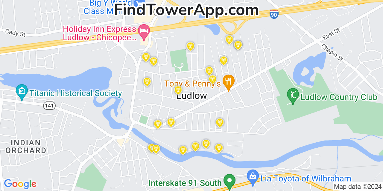 AT&T 4G/5G cell tower coverage map Ludlow, Massachusetts