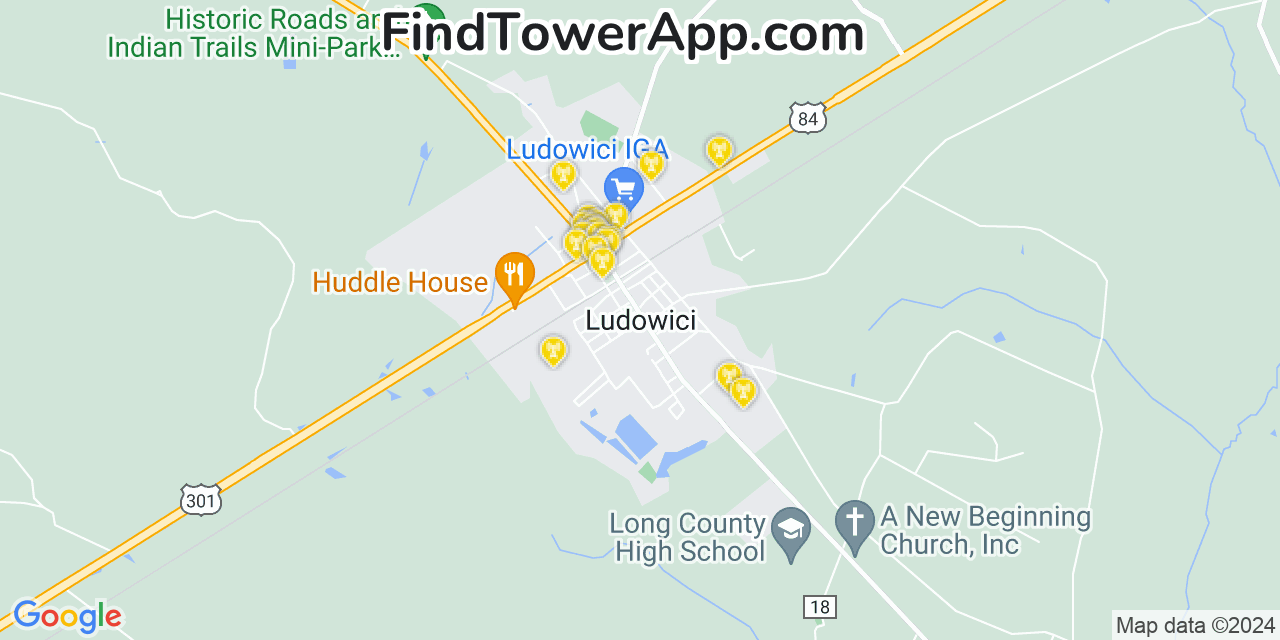 AT&T 4G/5G cell tower coverage map Ludowici, Georgia