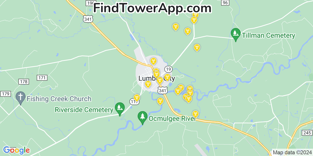 AT&T 4G/5G cell tower coverage map Lumber City, Georgia