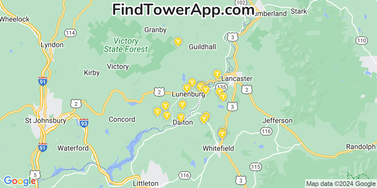AT&T 4G/5G cell tower coverage map Lunenburg, Vermont