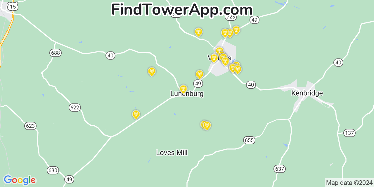 AT&T 4G/5G cell tower coverage map Lunenburg, Virginia