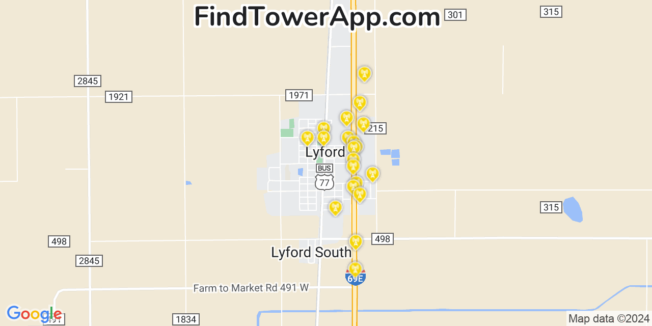 AT&T 4G/5G cell tower coverage map Lyford, Texas