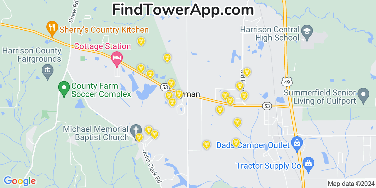 AT&T 4G/5G cell tower coverage map Lyman, Mississippi