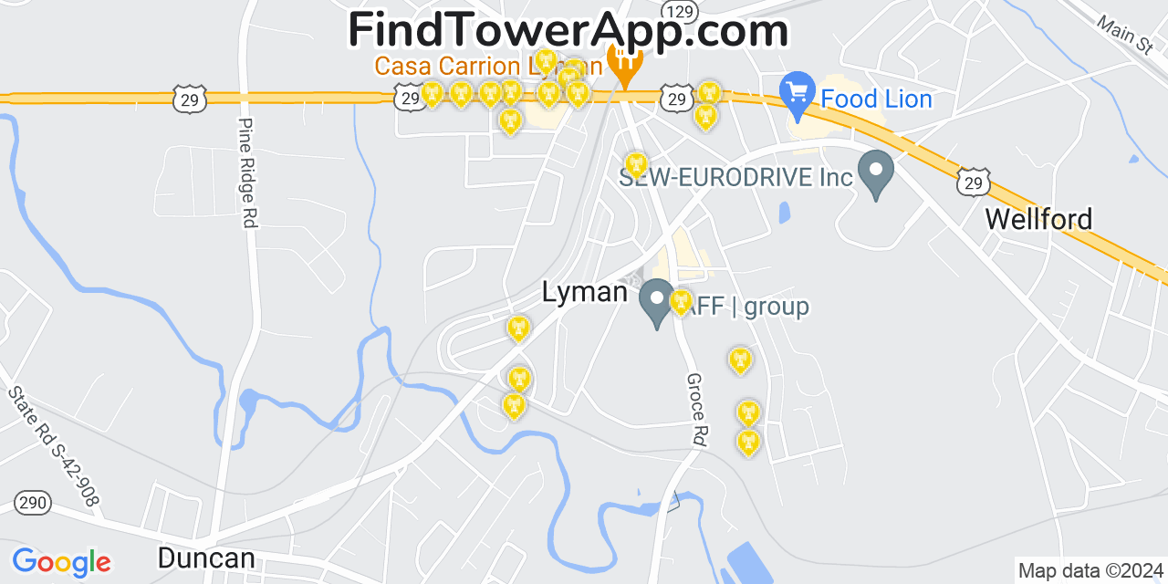 AT&T 4G/5G cell tower coverage map Lyman, South Carolina