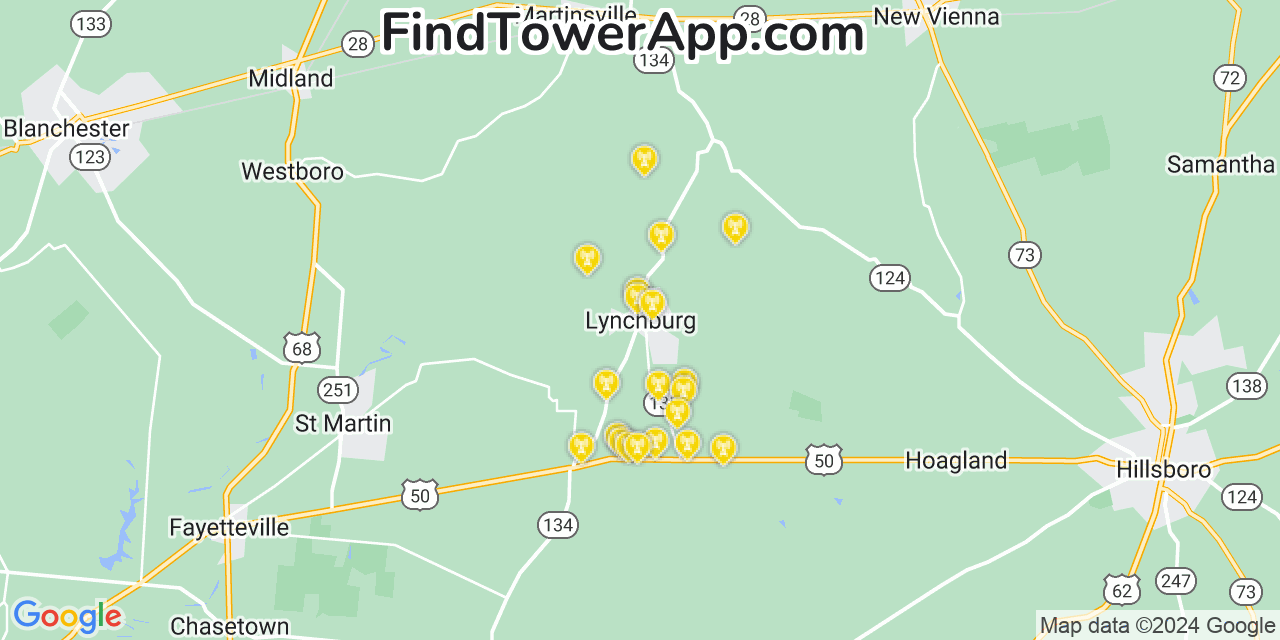AT&T 4G/5G cell tower coverage map Lynchburg, Ohio