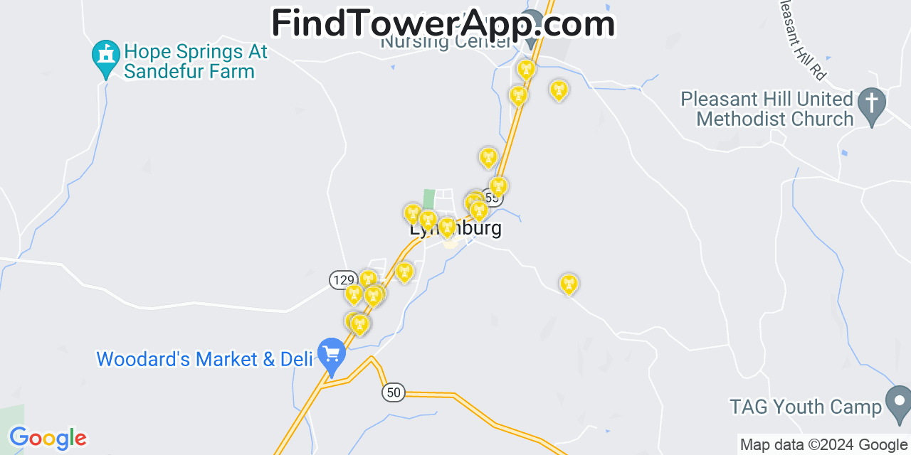 AT&T 4G/5G cell tower coverage map Lynchburg, Tennessee