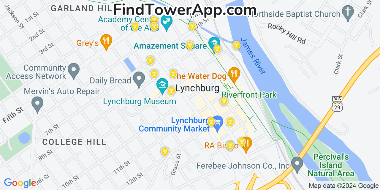 AT&T 4G/5G cell tower coverage map Lynchburg, Virginia