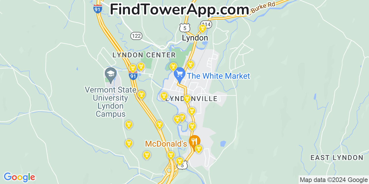 AT&T 4G/5G cell tower coverage map Lyndonville, Vermont