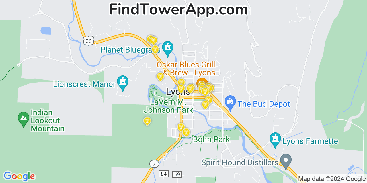 AT&T 4G/5G cell tower coverage map Lyons, Colorado