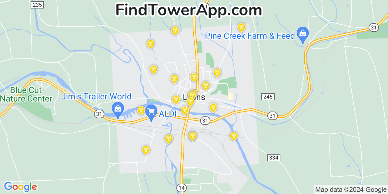 AT&T 4G/5G cell tower coverage map Lyons, New York