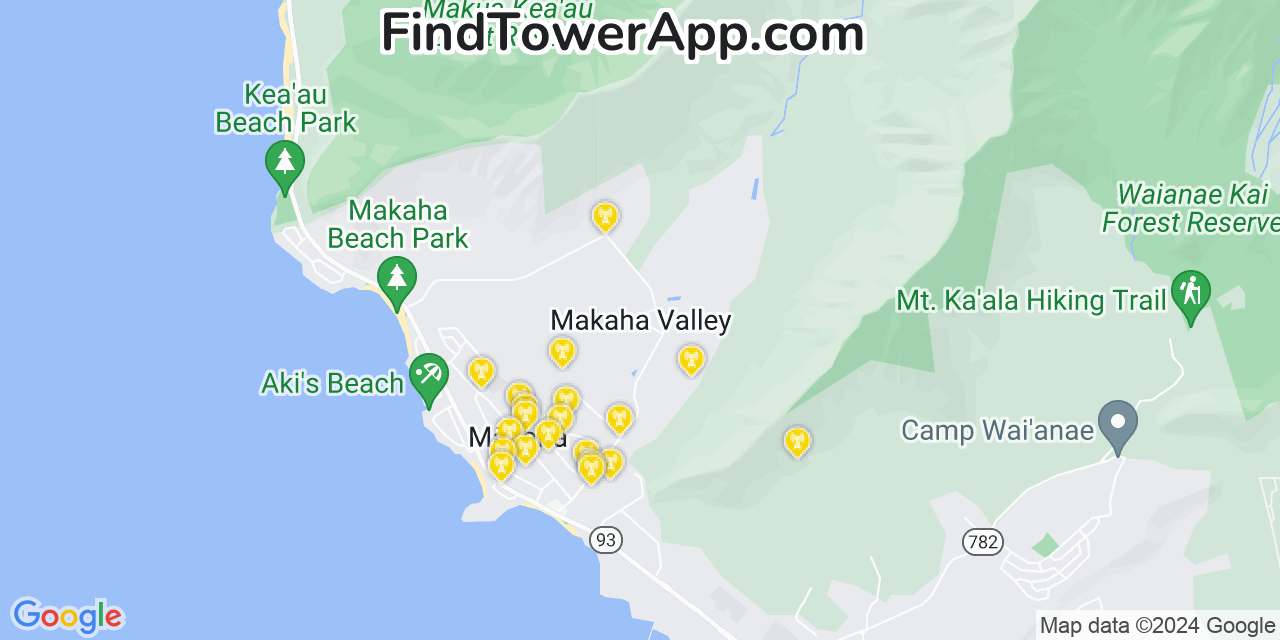 AT&T 4G/5G cell tower coverage map Mākaha Valley, Hawaii