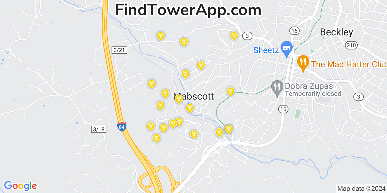 AT&T 4G/5G cell tower coverage map Mabscott, West Virginia