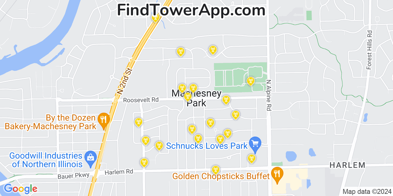 AT&T 4G/5G cell tower coverage map Machesney Park, Illinois