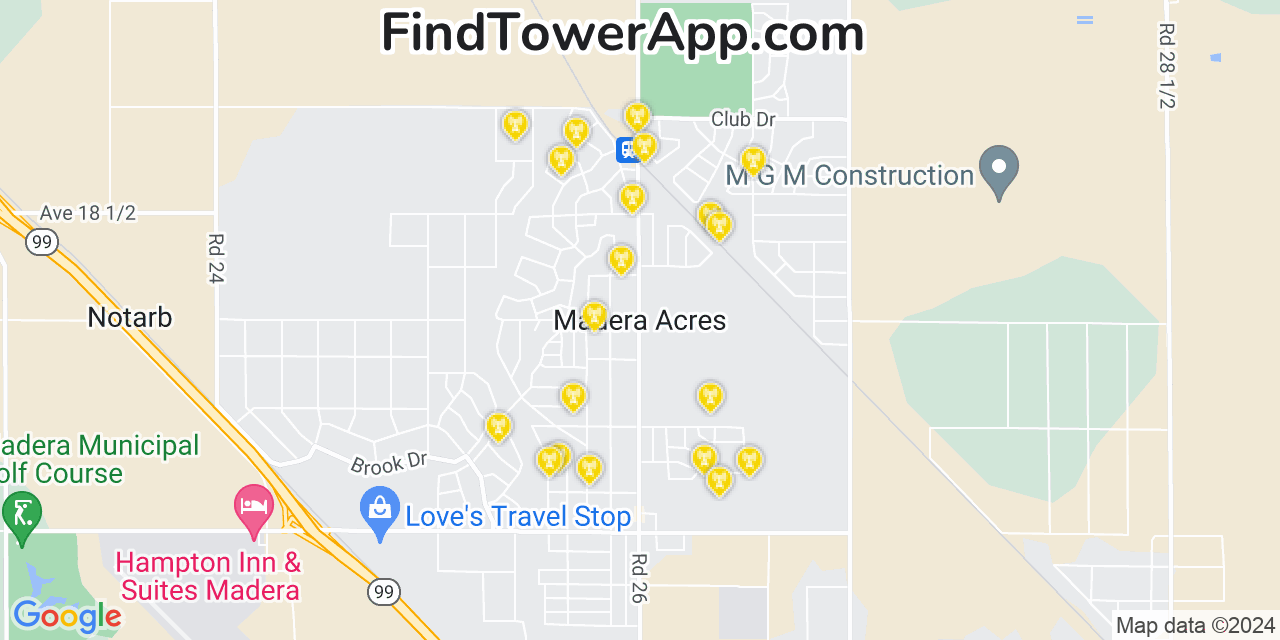 AT&T 4G/5G cell tower coverage map Madera Acres, California
