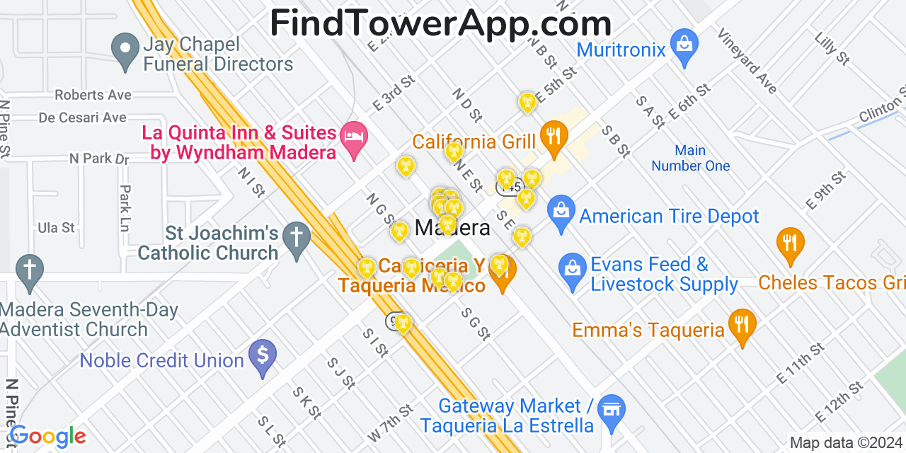 AT&T 4G/5G cell tower coverage map Madera, California