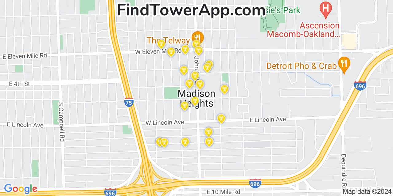 AT&T 4G/5G cell tower coverage map Madison Heights, Michigan