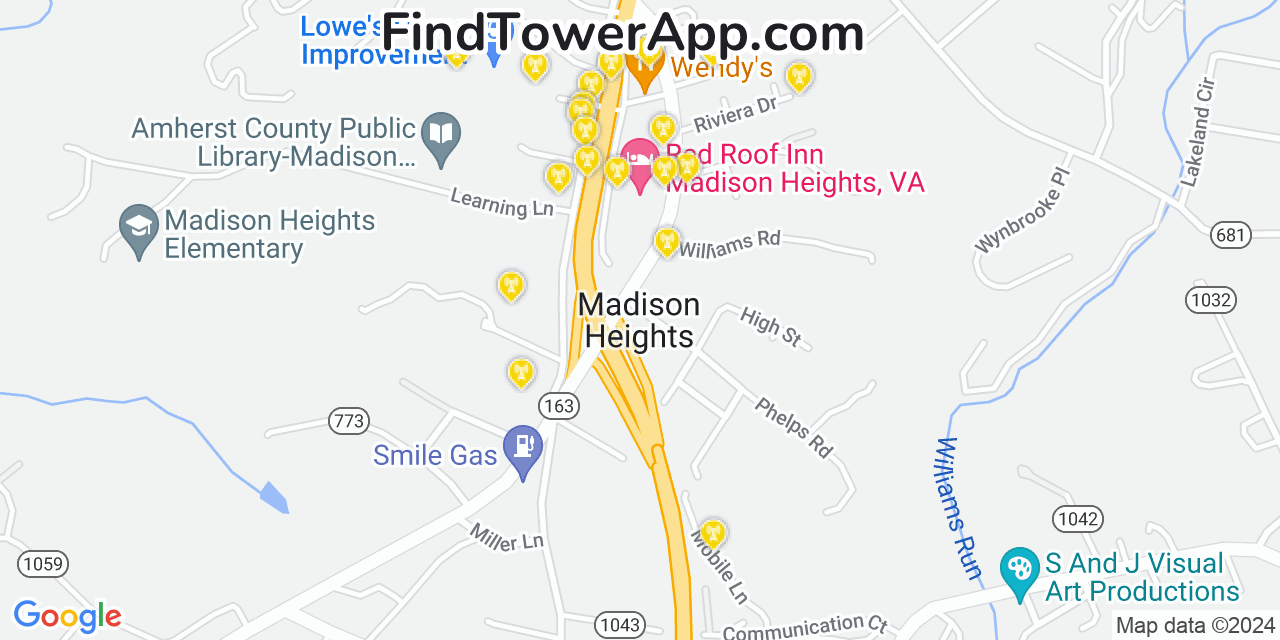 AT&T 4G/5G cell tower coverage map Madison Heights, Virginia