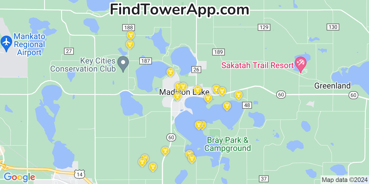 AT&T 4G/5G cell tower coverage map Madison Lake, Minnesota