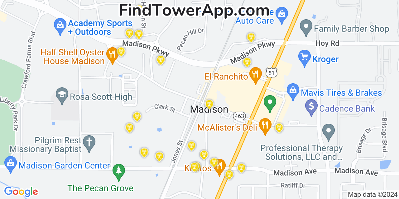 AT&T 4G/5G cell tower coverage map Madison, Mississippi
