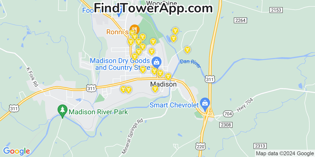 AT&T 4G/5G cell tower coverage map Madison, North Carolina